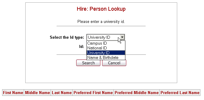 Hire Person lookup screen