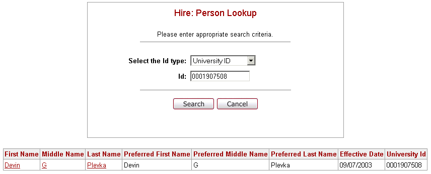 Hire person lookup result screen shot