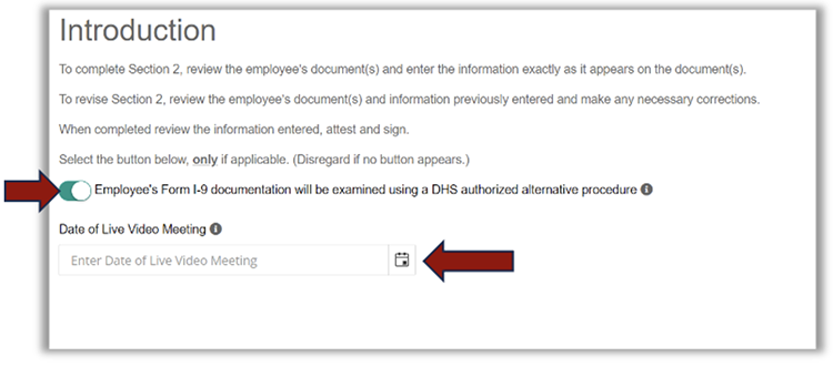 Introduction screen showing toggle and date field