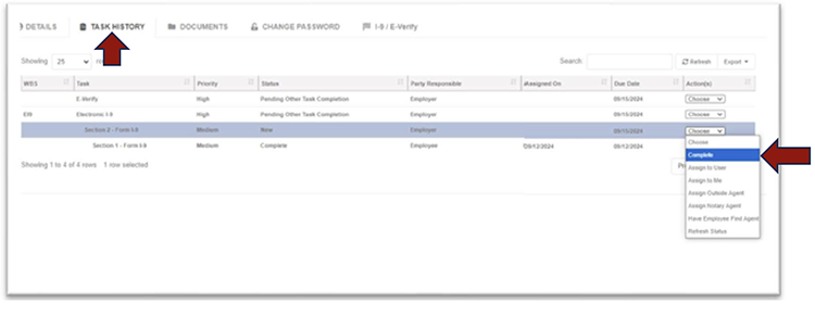 Task history screen showing location of Complete in the Action(s) drop-down