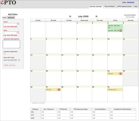 Monthly calendar screen