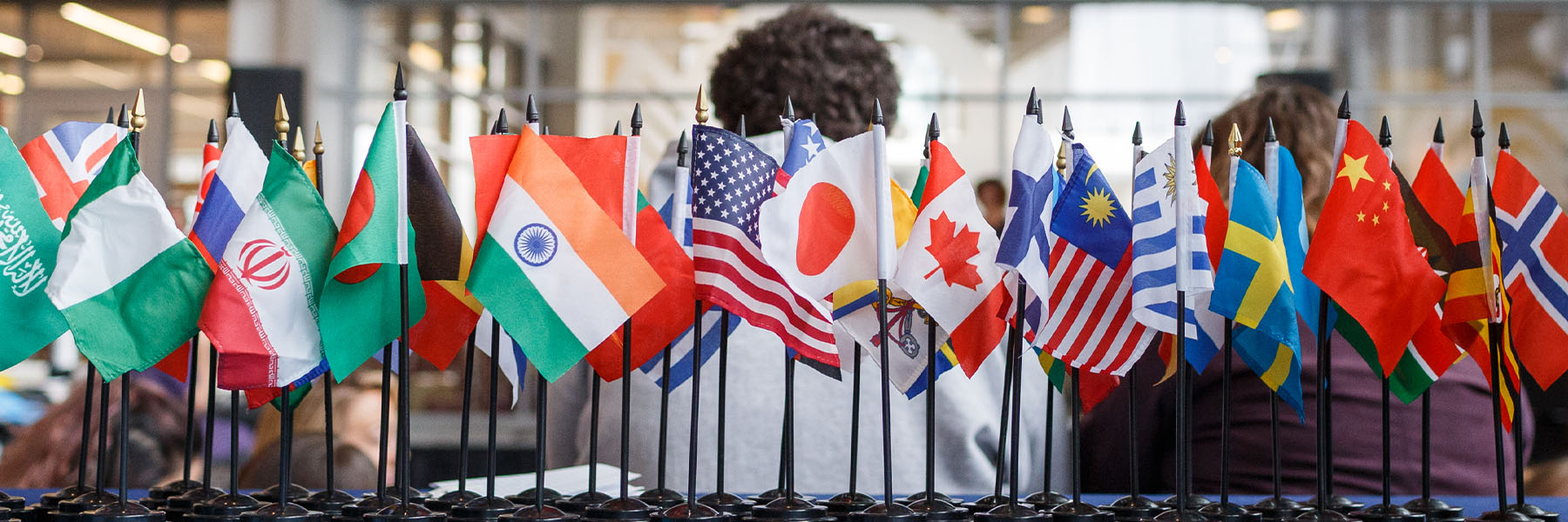 A display of tabletop-sized flags representing many countries
