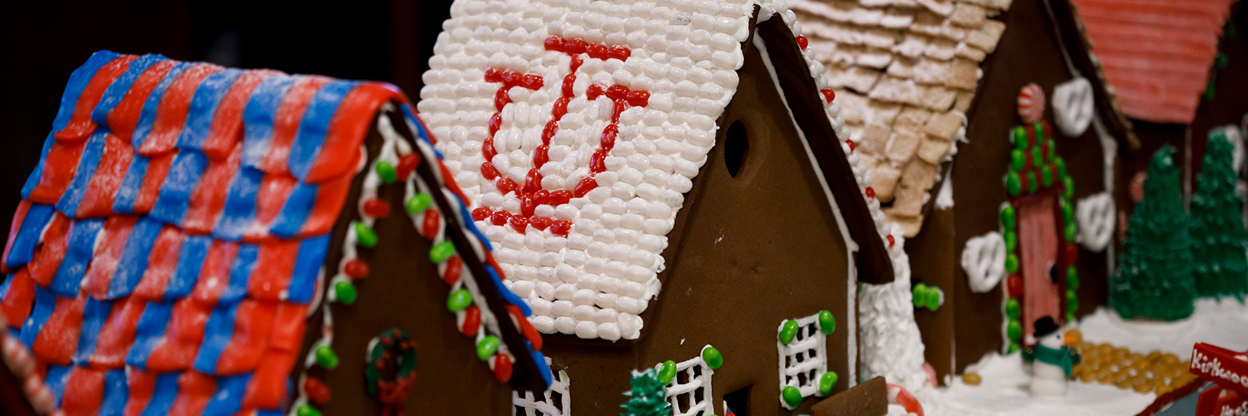 A display of IU-themed gingerbread houses