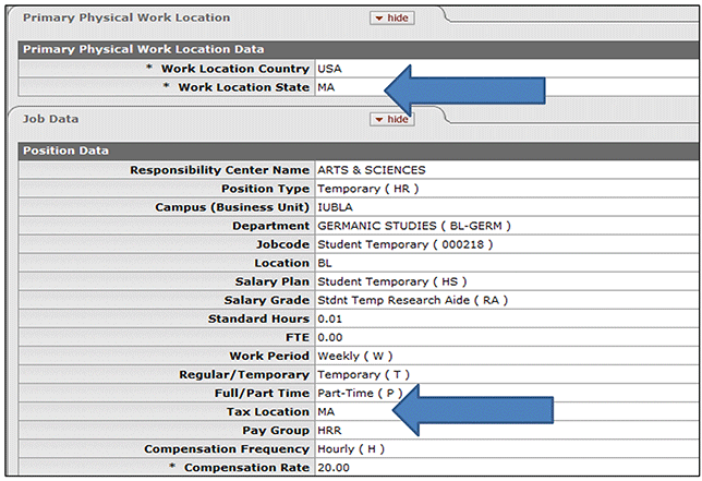 Screen shot showing work location and tax location fields